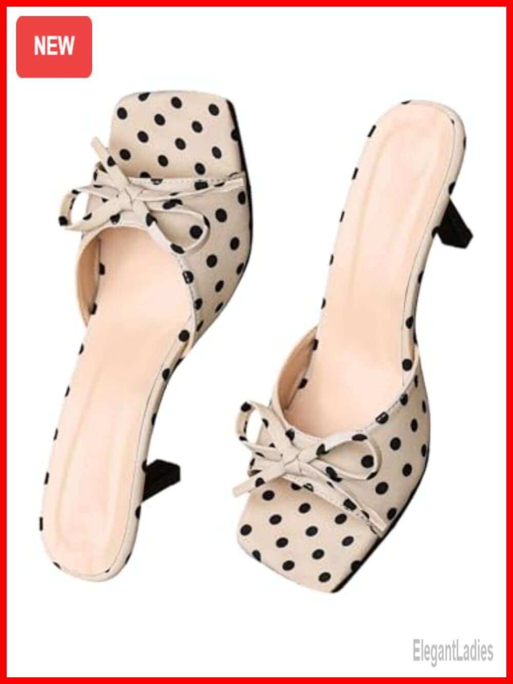 Polka Dots Kitten Heel Square Toe Slide Sandals with Bow